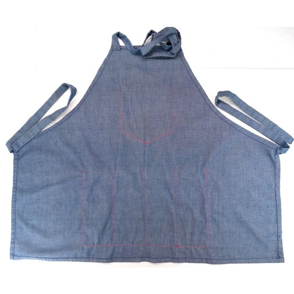 Vintage Handmade Denim Bandana Bib Apron 1970s Red 5 Pockets Handkerchief Adjust - Picture 3 of 8